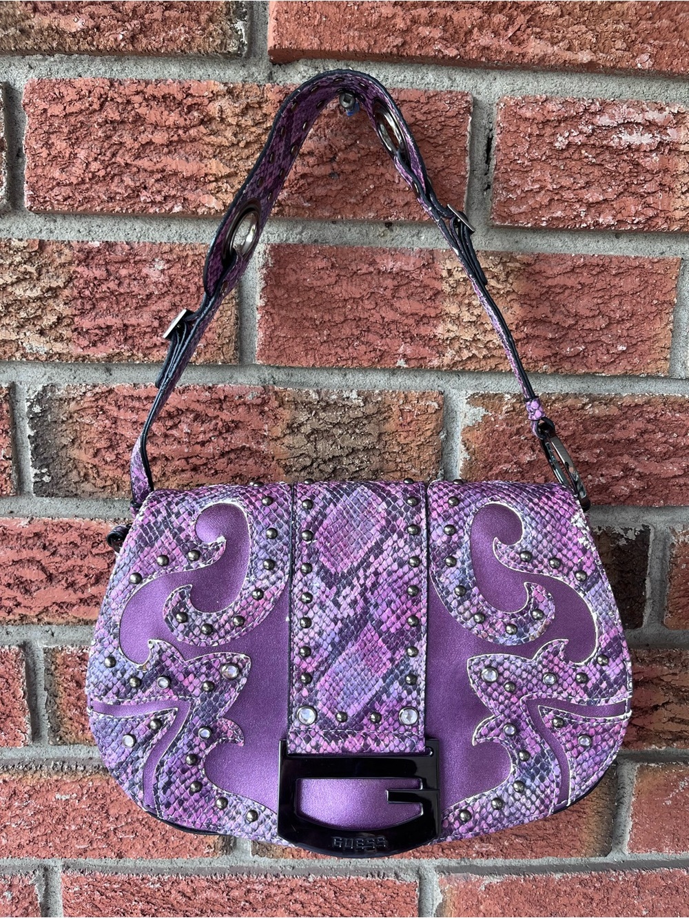 Guess Purple Embellished Snake-Print Shoulder rigid Bag